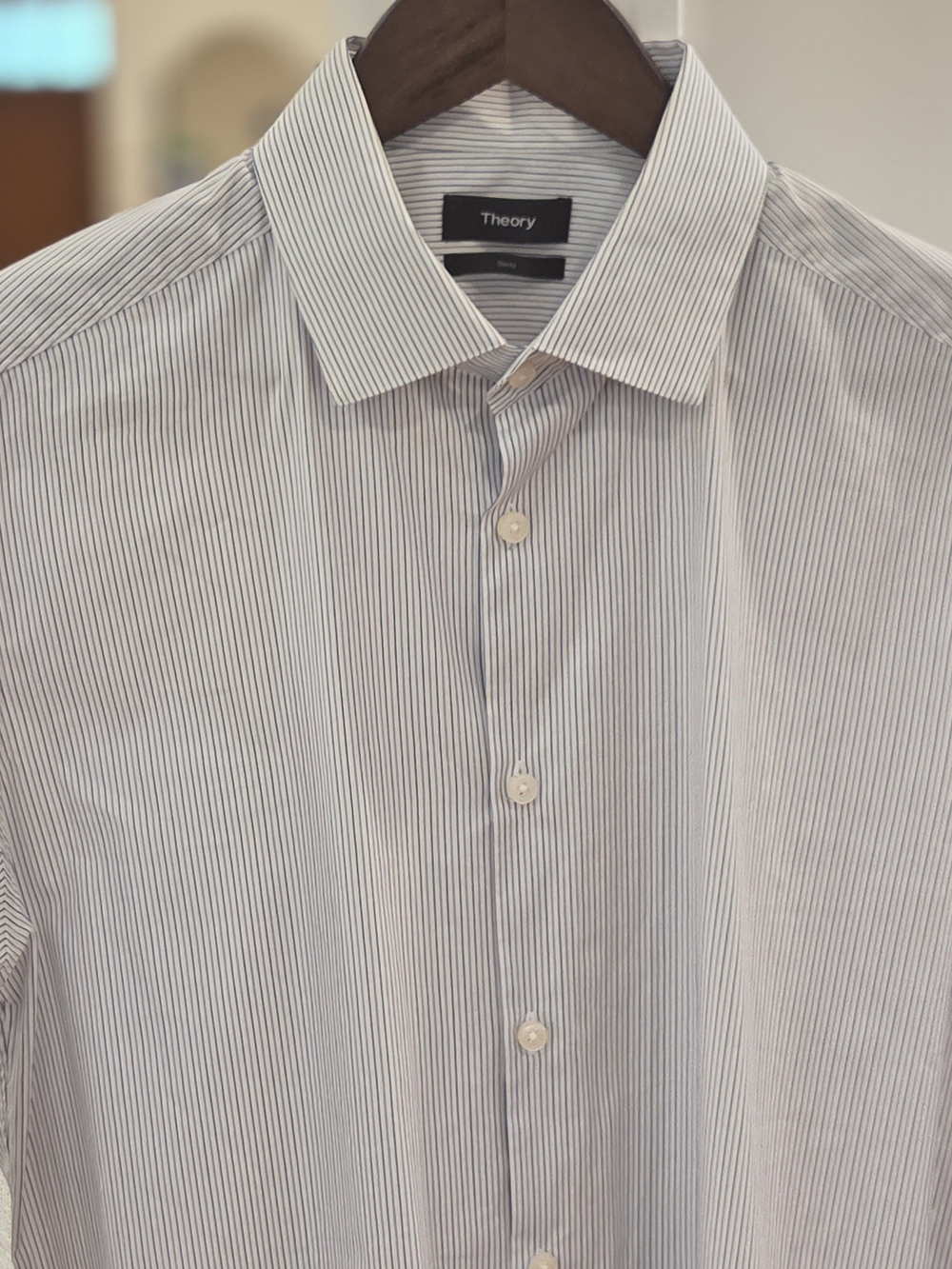Theory Mens "Dover" Slim Fit Blue And White Pinstripe Non Iron Dress Shirt (16L)